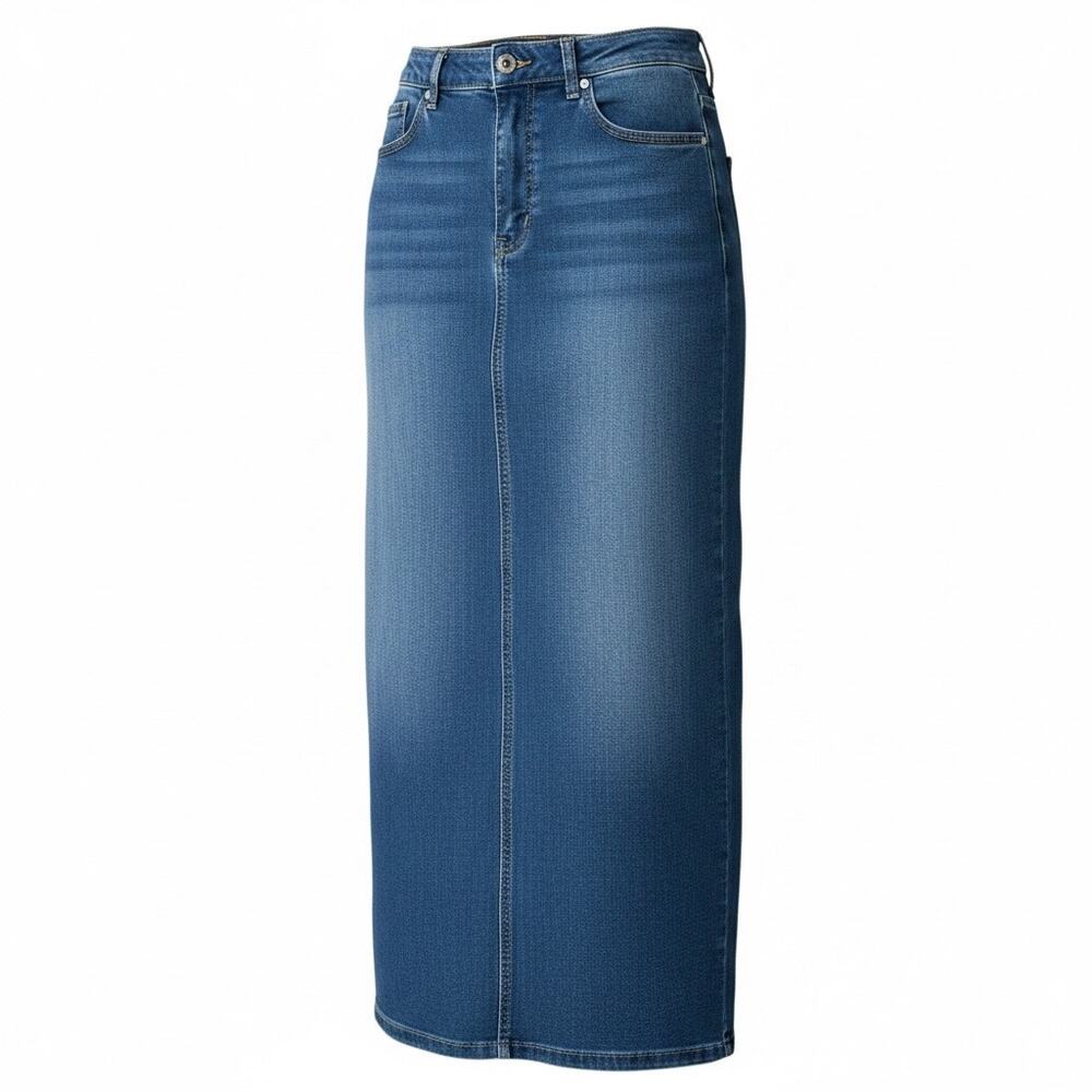 Wax Jean Long Denim Skirt Womens L Medium Wash Maxi Stretch Modest